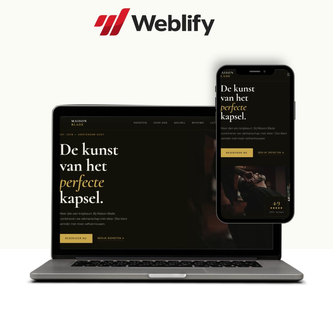 Voorbeeldwebsite Maison Blade — premium salonwebsite met branding, sfeerbeelden en online afspraakflow