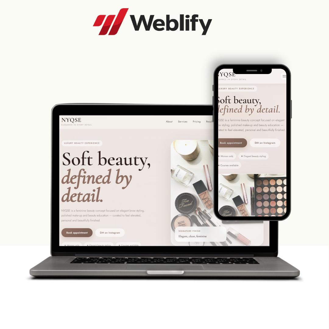 Website van Nyqse — op maat gemaakte beauty website met elegante branding en geïntegreerd boekingssysteem
