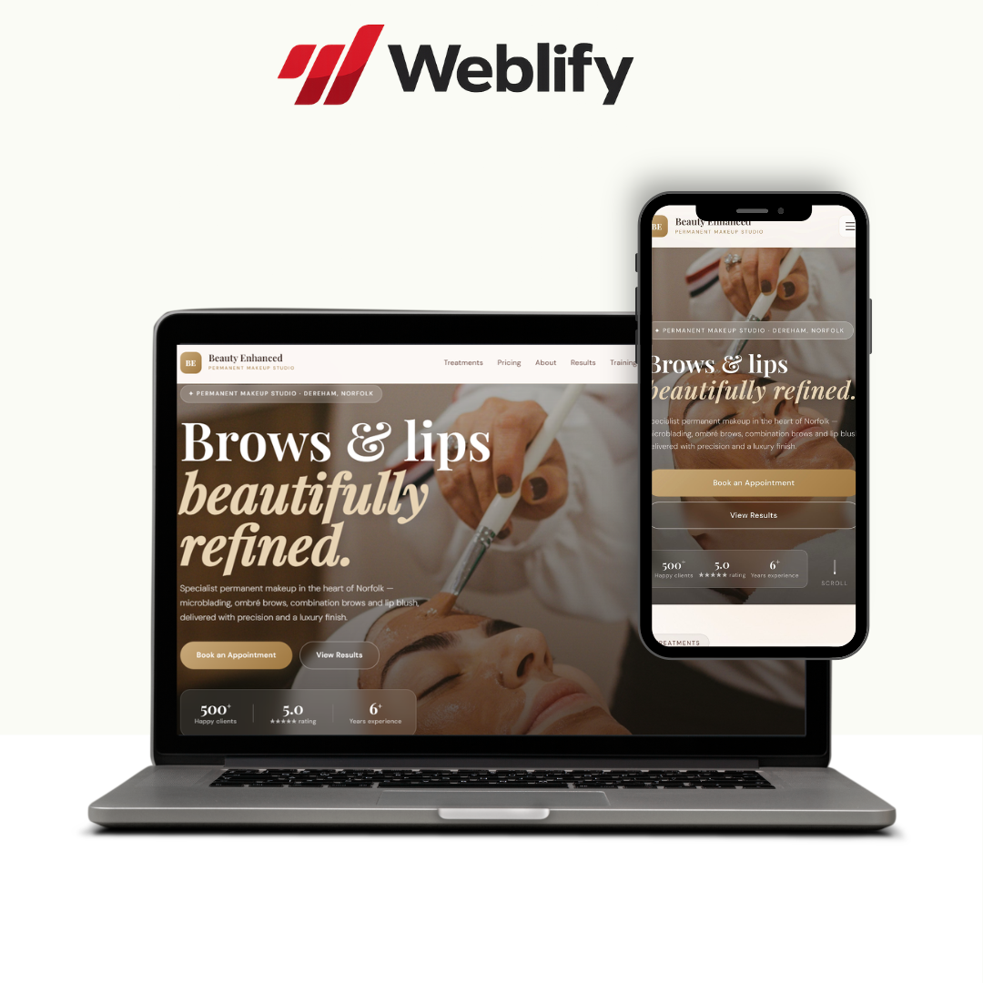 Voorbeeldwebsite Beauty Enhanced — specialistische PMU en beauty studio website met behandelingen, resultaten en boekingsflow