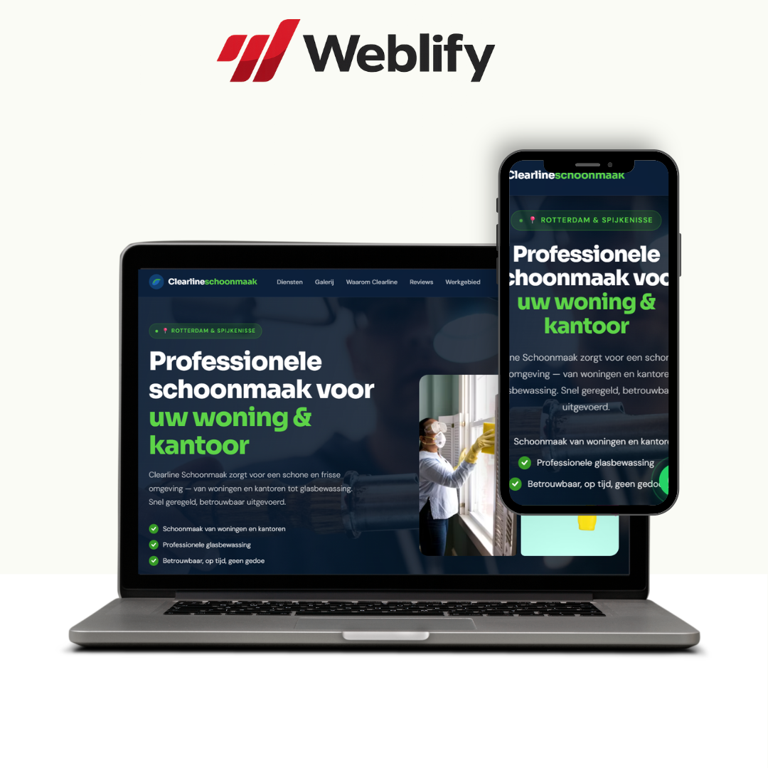 Voorbeeldwebsite Clearline Schoonmaak — lokale schoonmaakwebsite met diensten, galerij en directe contactflow