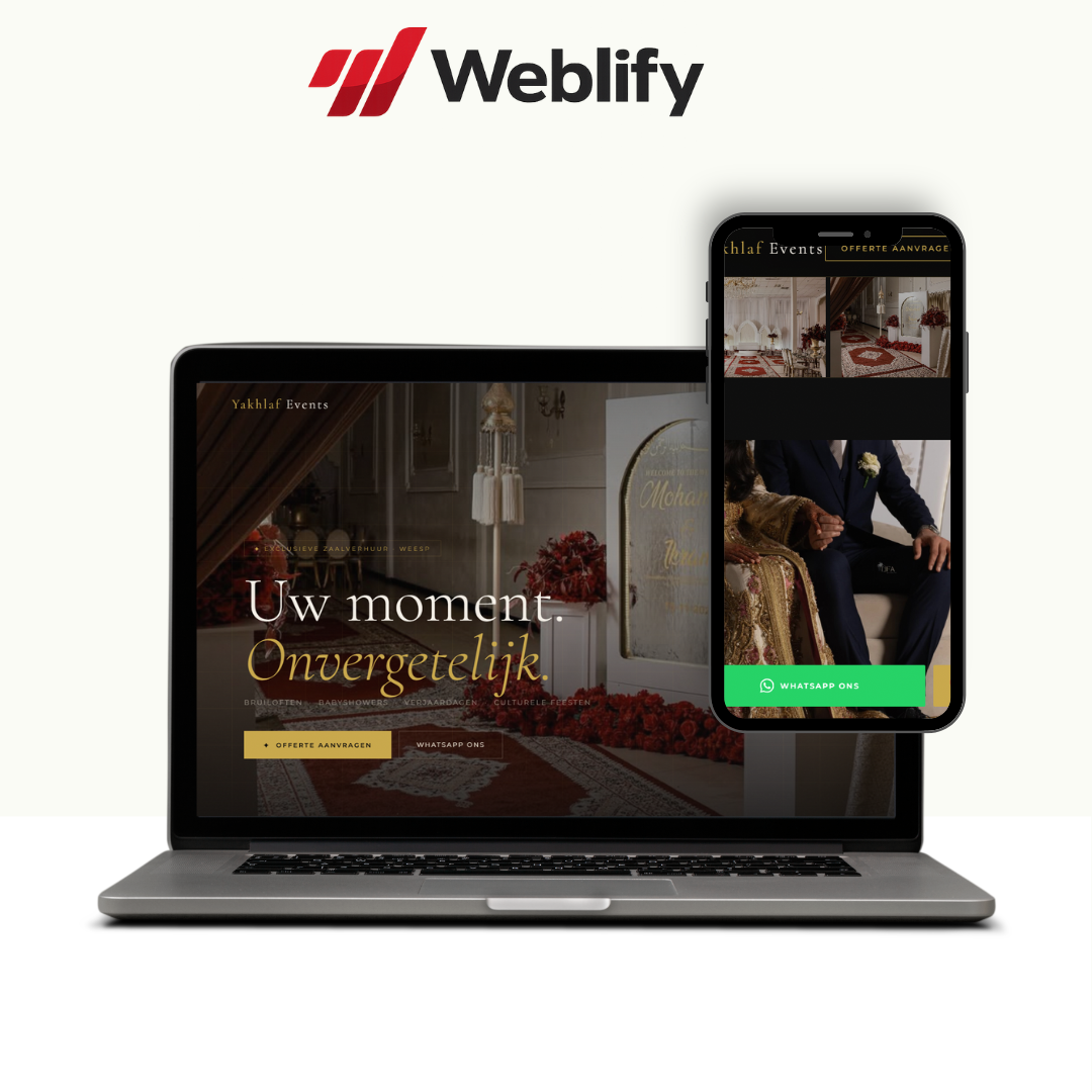 Voorbeeldwebsite Yakhlaf Events — luxe zaalverhuur website met galerij, reviews en boekingsformulier